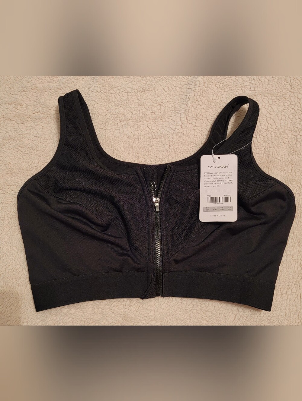 Syrokan Black Front-Zip High Impact Wireless Sports Bra BNWT Size 36F!